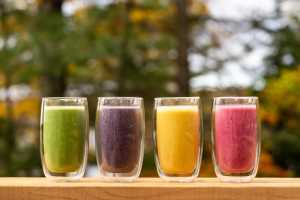 A lineup of juices at Dimensions Algonquin Highlands wellness retreat