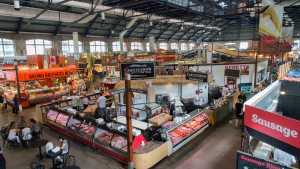 Looking down on vendors inside St. Lawrence Market in Toronto