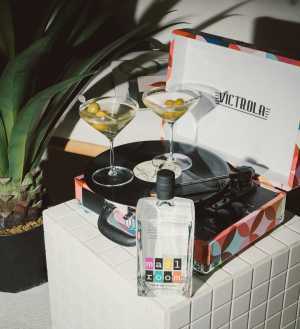 Mailroom Premium Vodka with two martinis and a record player