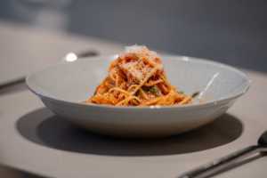 A plate of Spaghetti All'Amatriciana at Occhiolino Toronto