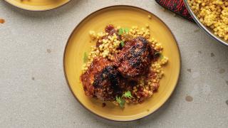 Recipe: Harissa chicken thighs with saffron Israeli couscous