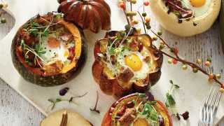 Mini squash pots | Mini squash pots with eggs, pumpkin, chorizo, and cheese