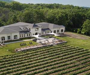 Niagara Wineries | Aerial view of Rosewood Estates Winery's vineyard and patio on a sunny day