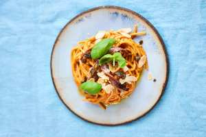 Sustainable seafood recipes | Cantabrian anchovy pasta with red pepper pesto recipe