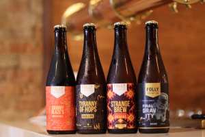Toronto breweries | A lineup of bottles from Folly Brewpub
