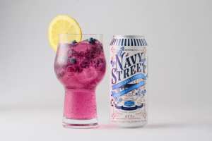 Summer drinks | Navy Street Blueberry Lemon canned gin beverage with a glass