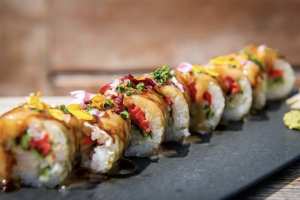 Hamachi tiger roll at Harriet's Rooftop in Toronto