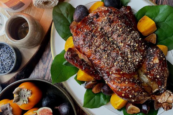 Duck recipes | Whole roasted duck recipe with lavender and coriander seed, figs and persimmons