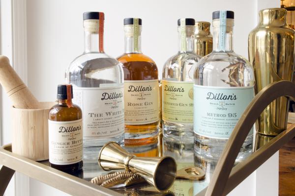 Ontario distilleries and alcohol stores | Dillon's lineup of spirits on a bar cart