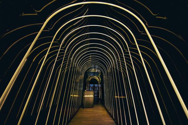 The illuminated front entrance to Maxime's restaurant in Toronto