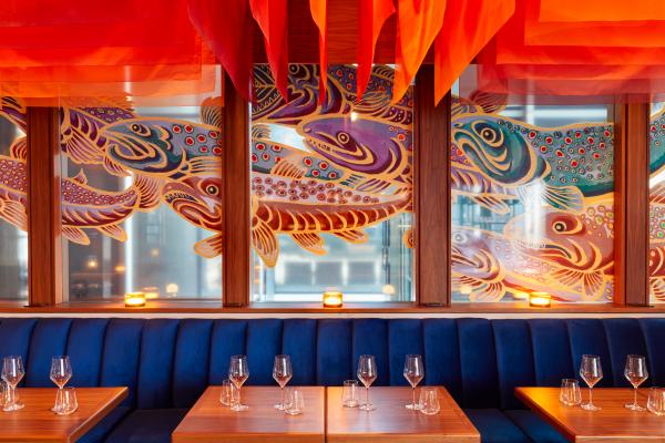 Restaurants with art | Hideki Kimura's swimming koi fish mural