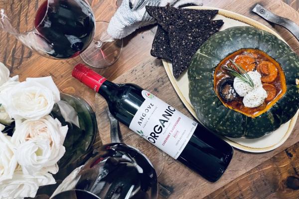 A bottle of Angove Organic Cabernet Sauvignon and vegetarian squash pot stew A bottle of Angove Organic Cabernet Sauvignon and vegetarian squash pot stew