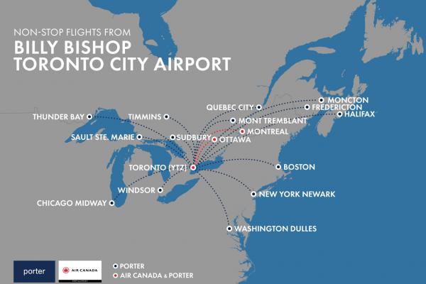 A flight map of the routes from Billy Bishop Toronto City Airport A flight map of the routes from Billy Bishop Toronto City Airport