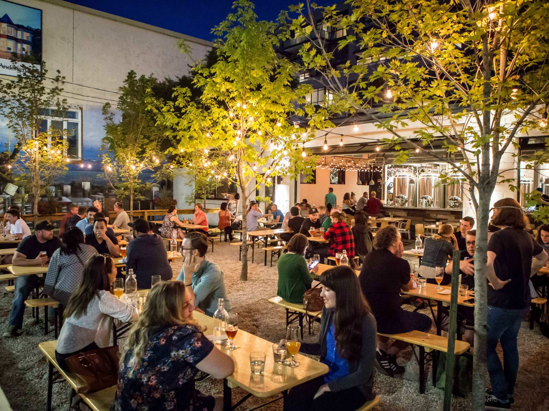 Best breweries in Toronto | The patio with string lights at Bandit Brewery