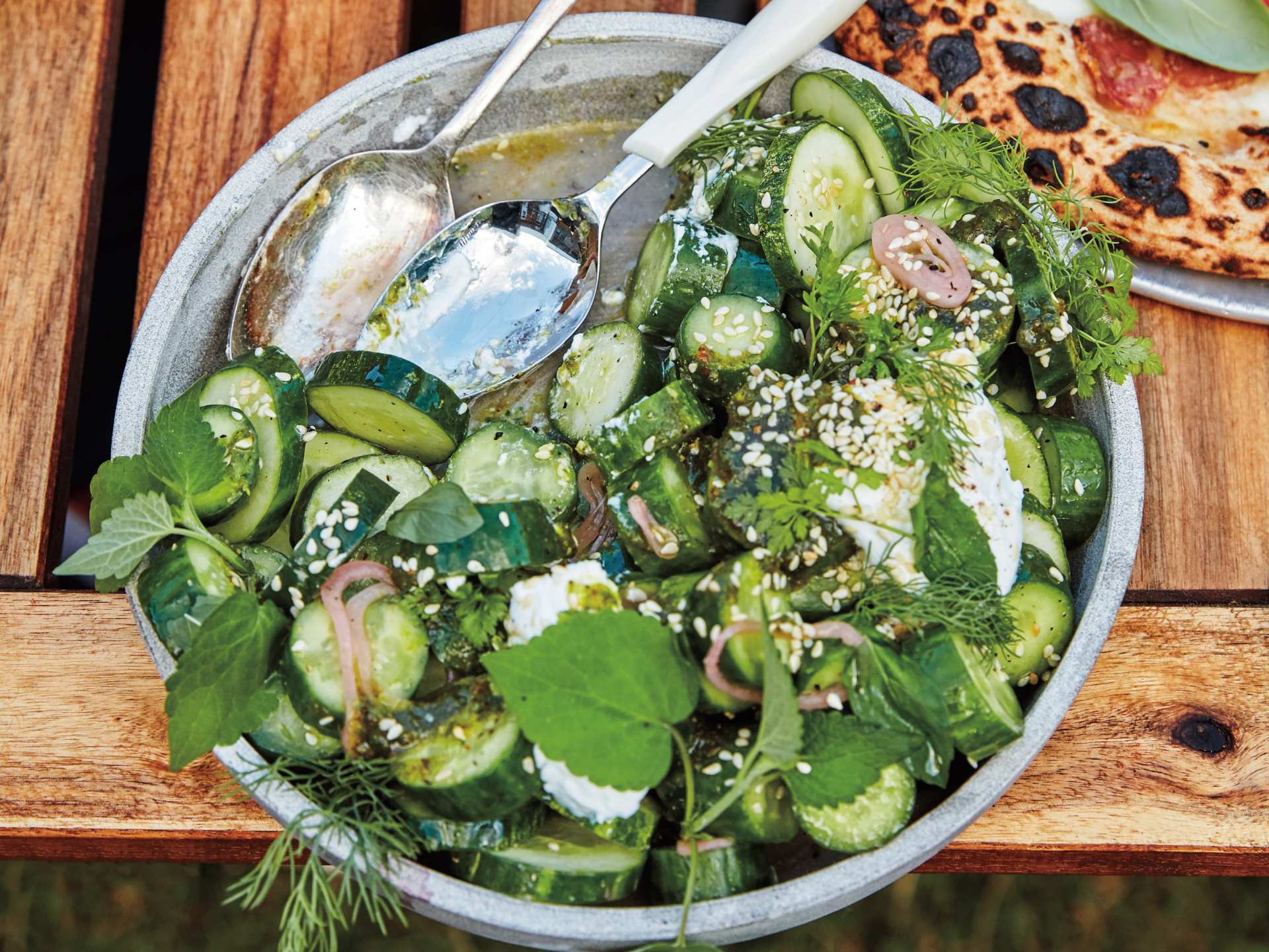 Summer salad recipes | Cucumbers with herby yogurt dressing and sesame seeds