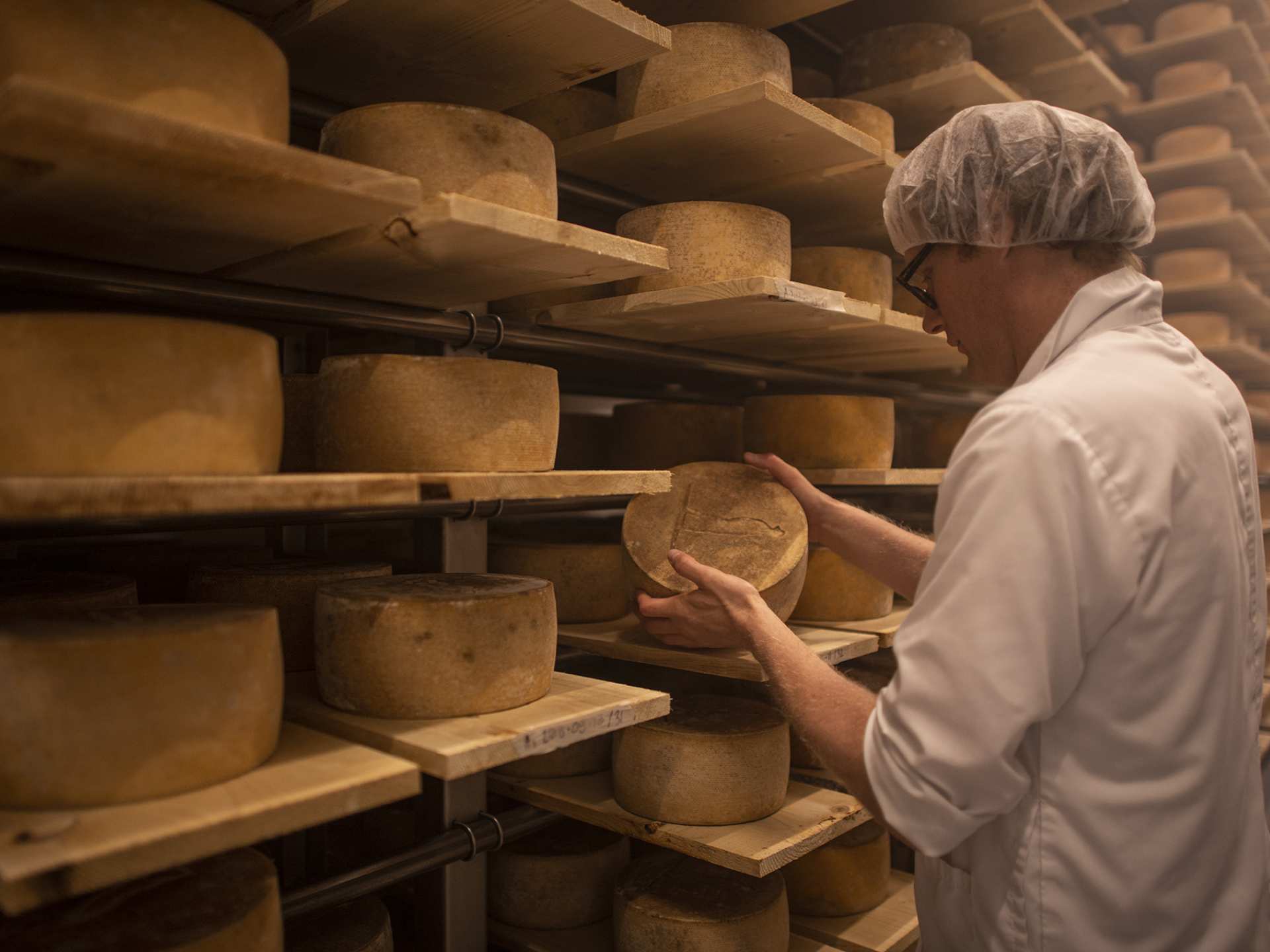 A Québecois cheesemaker examining a wheel of cheese