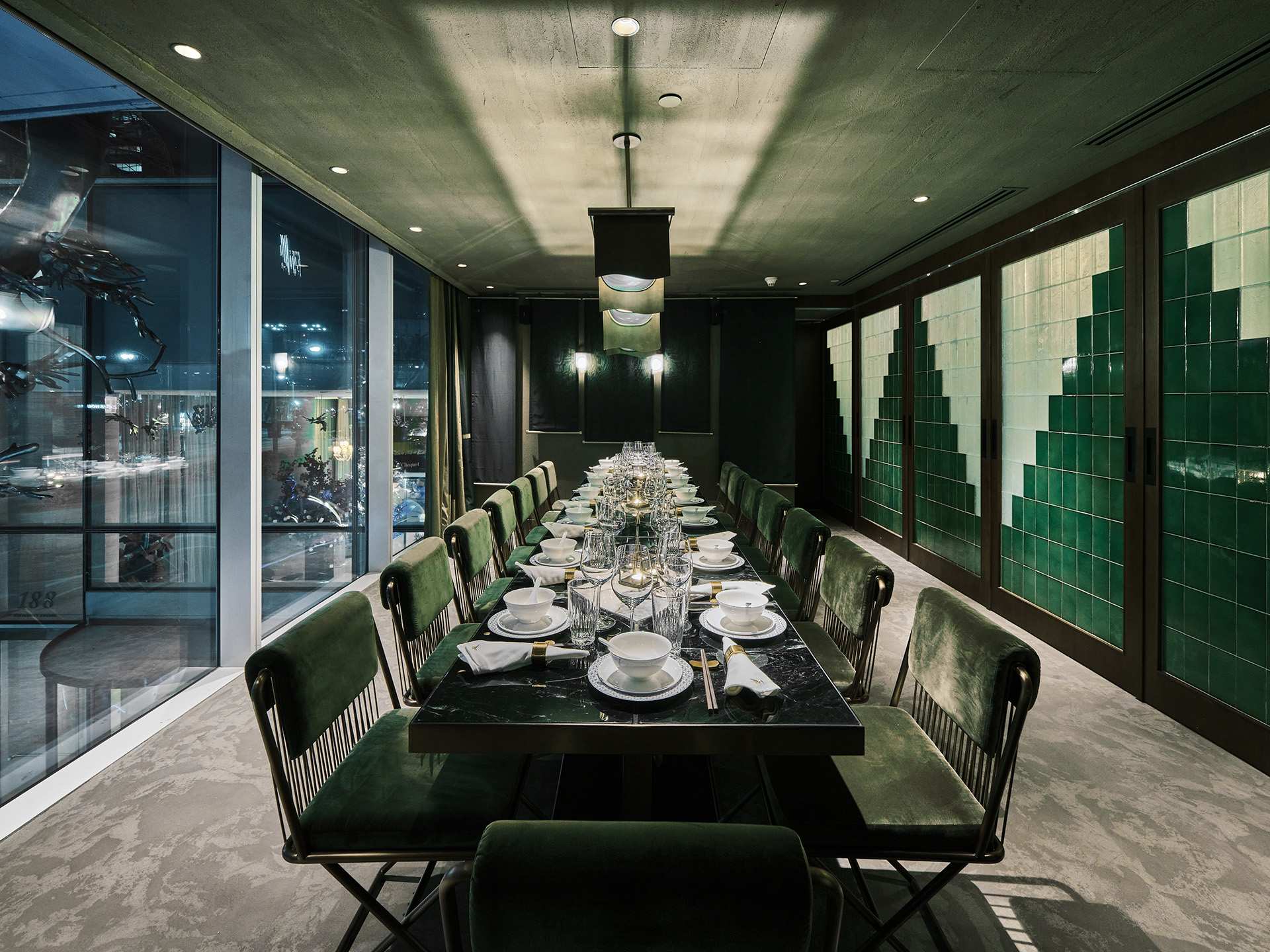 Mott 32 Toronto | The green textiles room at Mott 32 Toronto