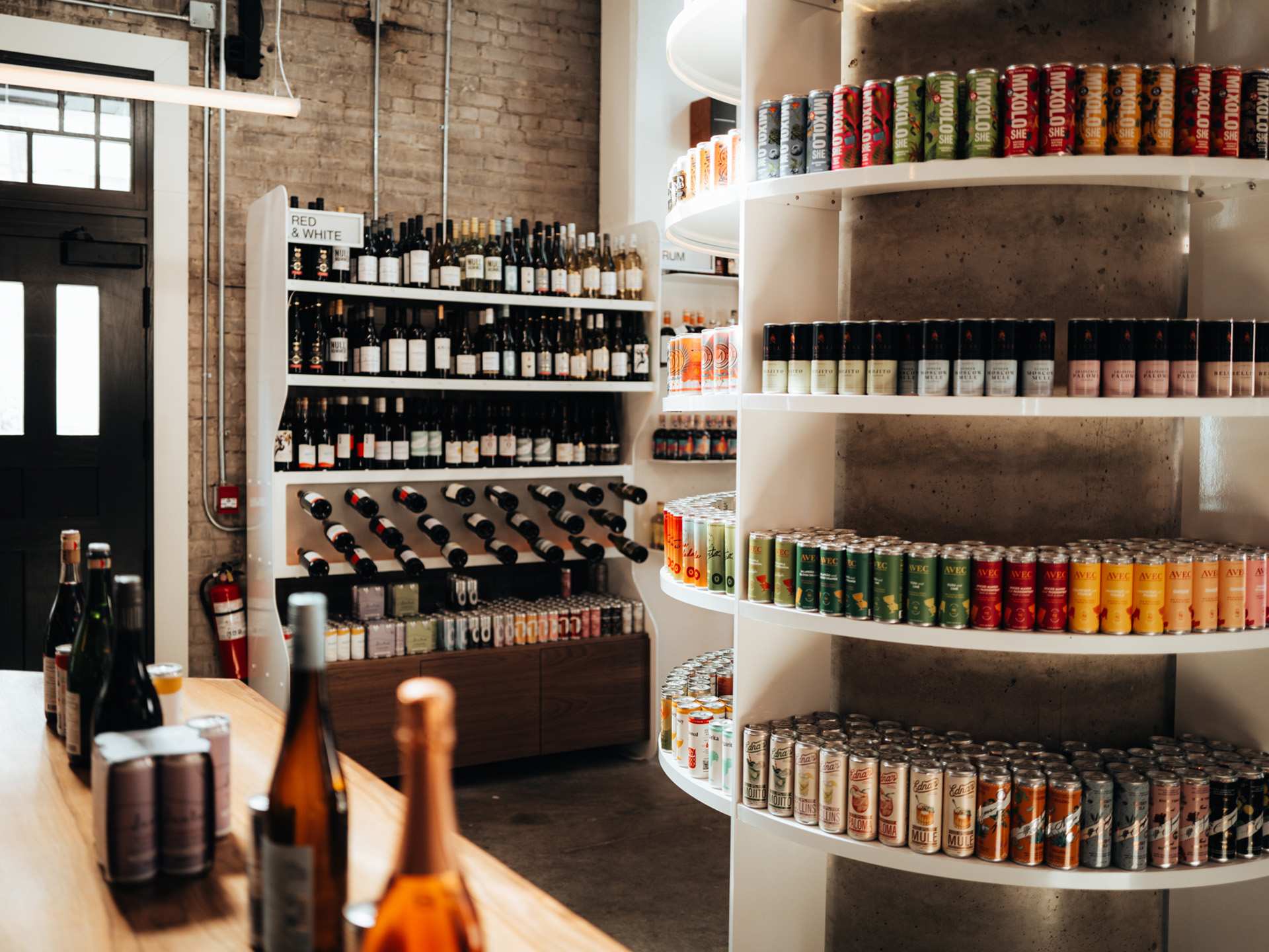 The selection of non-alcoholic wine, beer, canned cocktails and spirits at Sobr Market Toronto