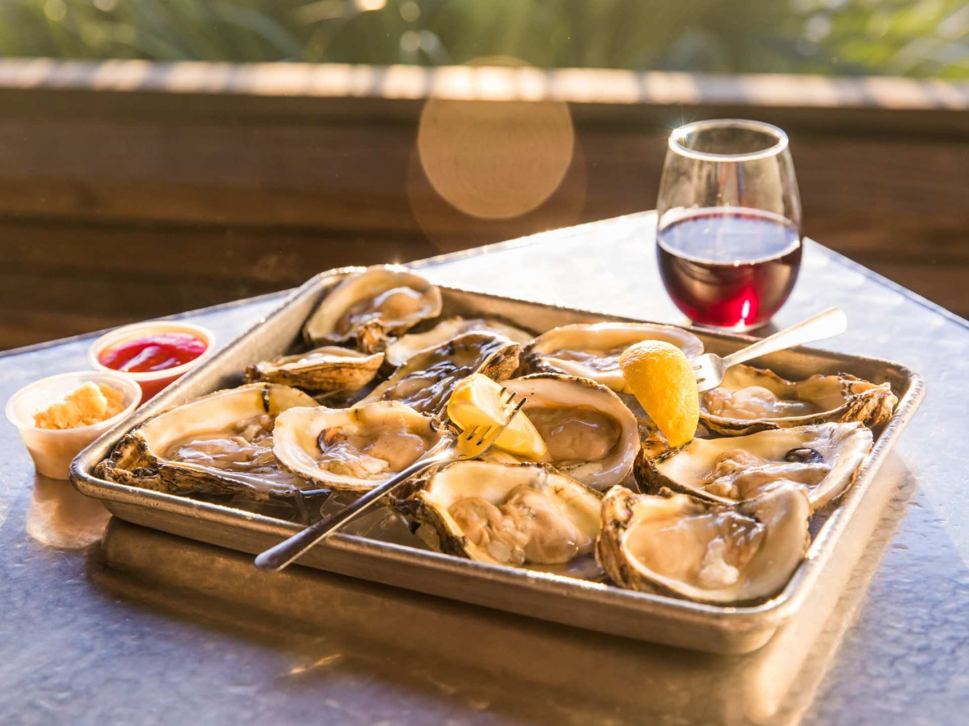 Oysters and red wine at dinner on Amelia Island