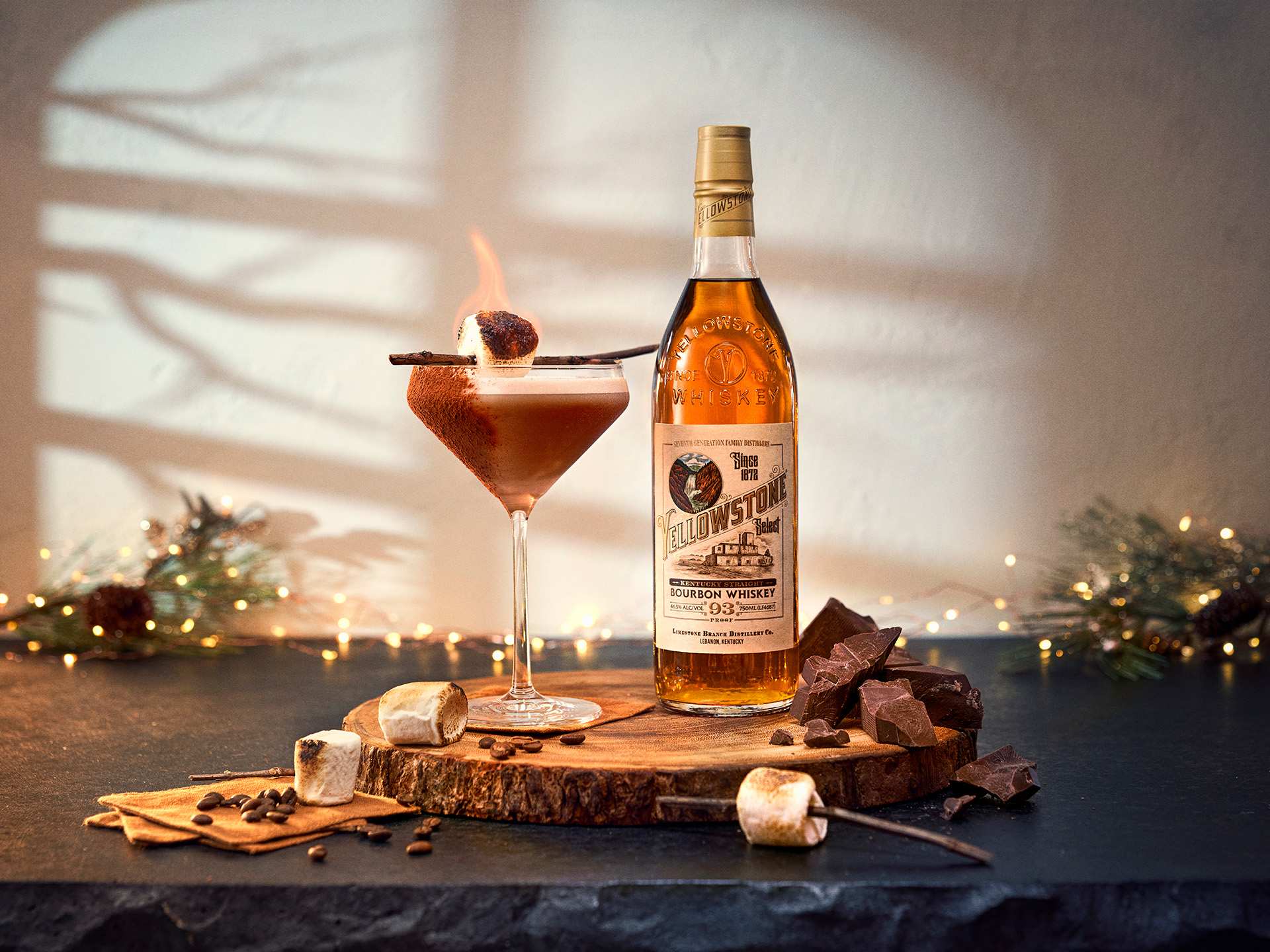 Yellowstone Espresso Bourbon-Tini garnished with a marshmallow