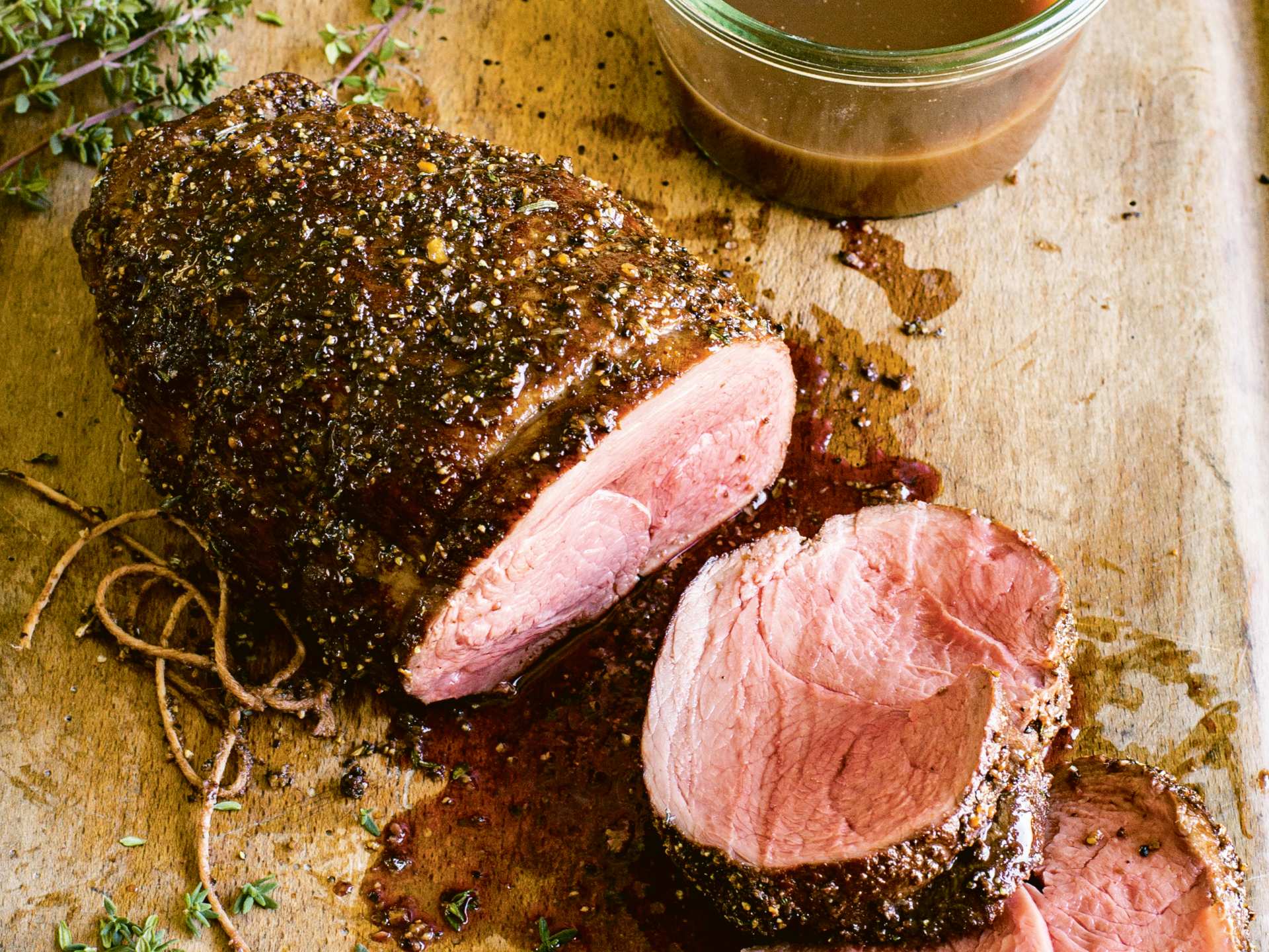 Mushroom-Rubbed Roast Venison au Jus