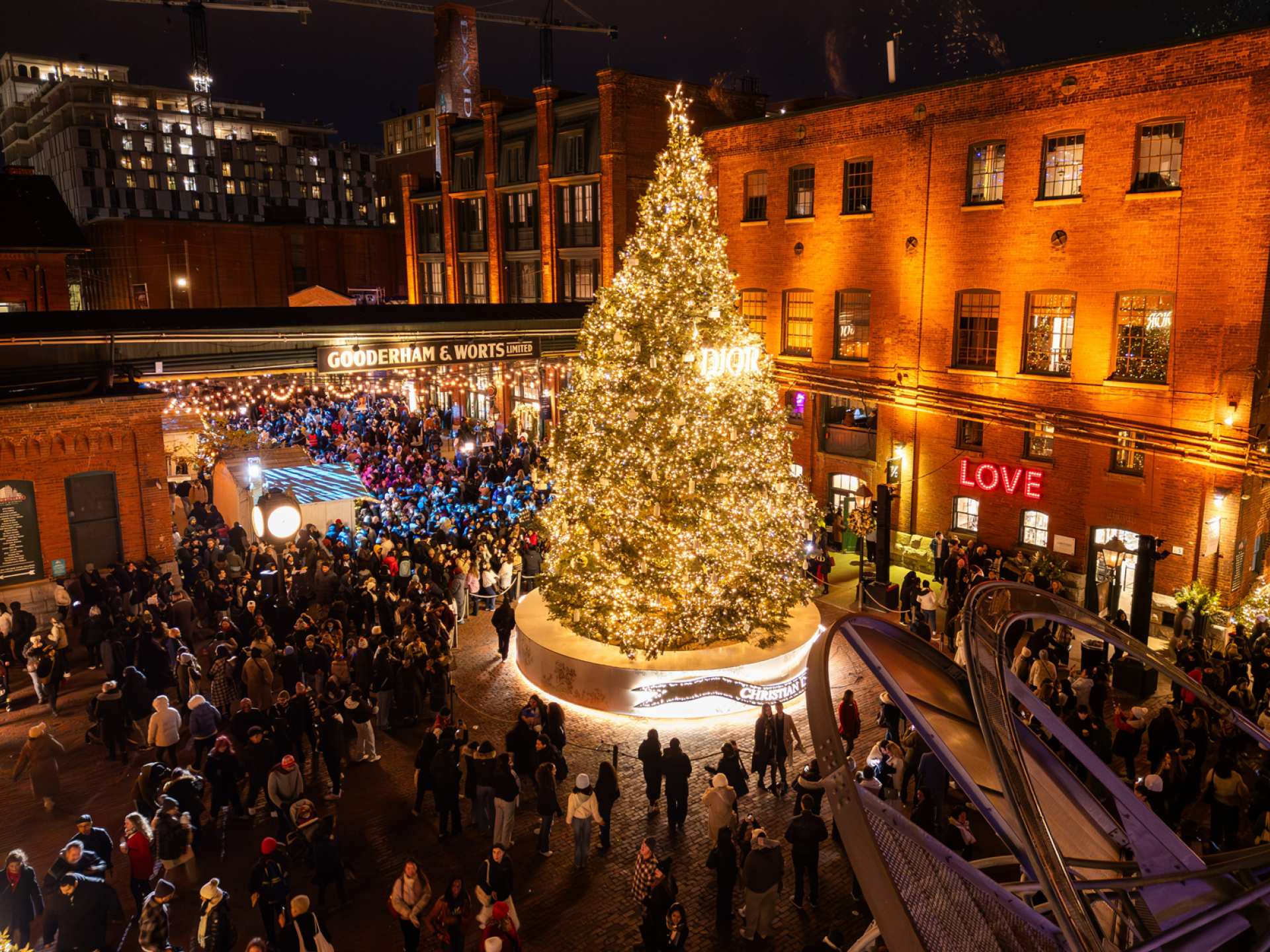 Best Christmas bars and markets in Toronto | An aerial shot of the The Distillery Winter Village