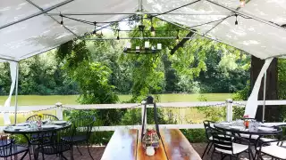 The patio overlooking the Grand River at La Fontana, one of the best Elora restaurants