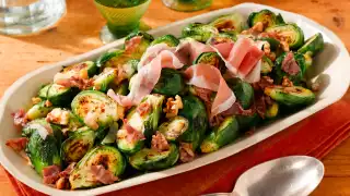 Italian appetizers: Sautéed Brussel Sprouts with Prosciutto di San Daniele Italian appetizers: Sautéed Brussel Sprouts with Prosciutto di San Daniele