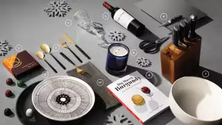 Food and drink holiday Christmas gifts | A flat lay of holiday-themed gifts Food and drink holiday Christmas gifts | A flat lay of holiday-themed gifts