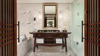 The best Toronto hotels for a staycation | Marble ensuite bathroom at The Shangri-La hotel