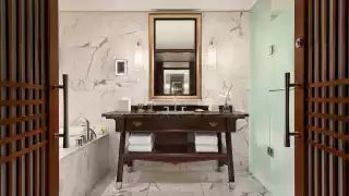 The best Toronto hotels for a staycation | Marble ensuite bathroom at The Shangri-La hotel
