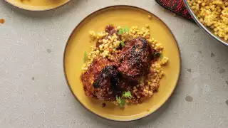 Recipe: Harissa chicken thighs with saffron Israeli couscous