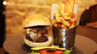Folly Brewpub on College Street | A burger with fries at Folly Brewpub
