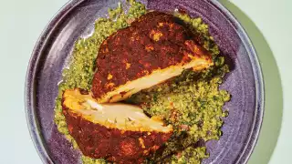 Vegan recipes for dinner | Desiree Nielsen's Whole Roasted Cauliflower with Green Olive Dressing