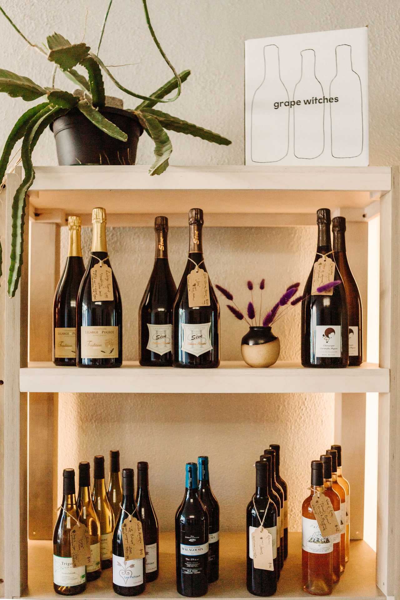 Shelves of wine inside Grape Witches on Dundas West