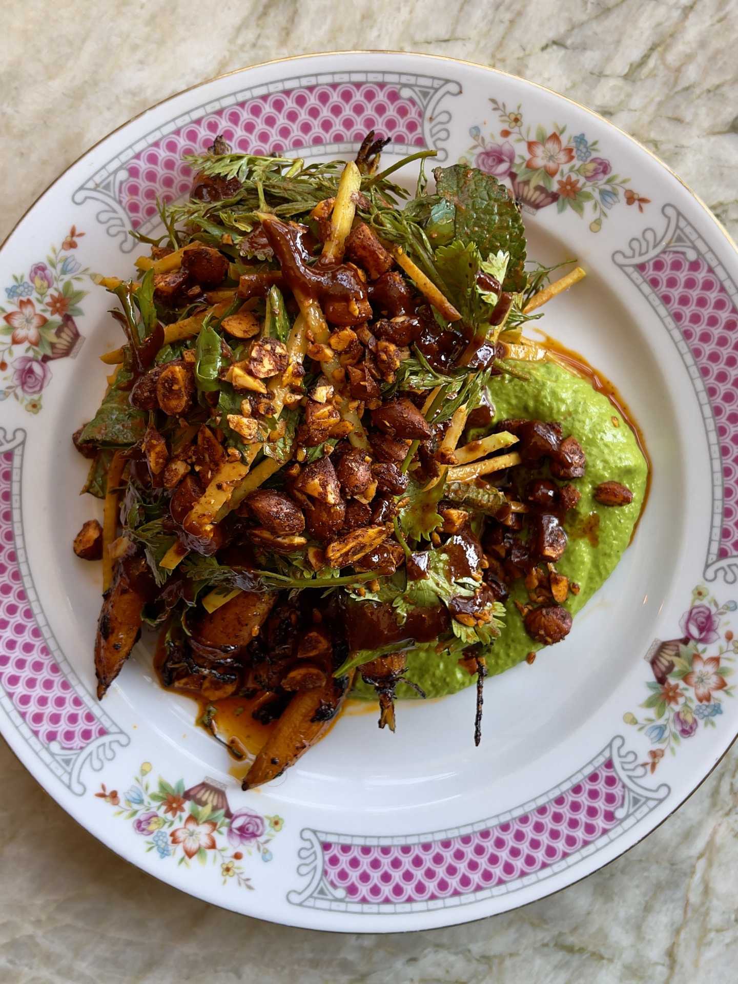 The Wood Owl | Mexican adobo carrots, cashew and avocado green goddess dressing with chayote salad