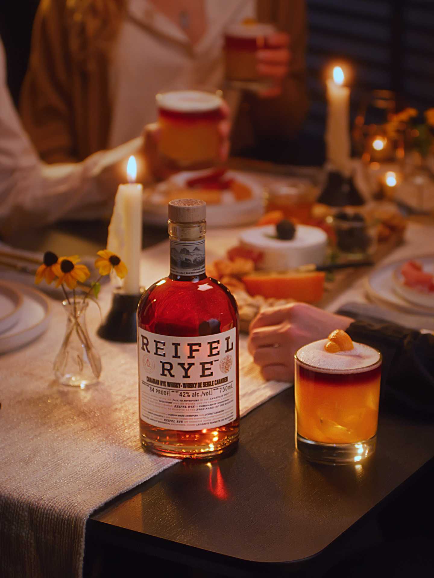 A bottle of Reifel Rye on the dinner table