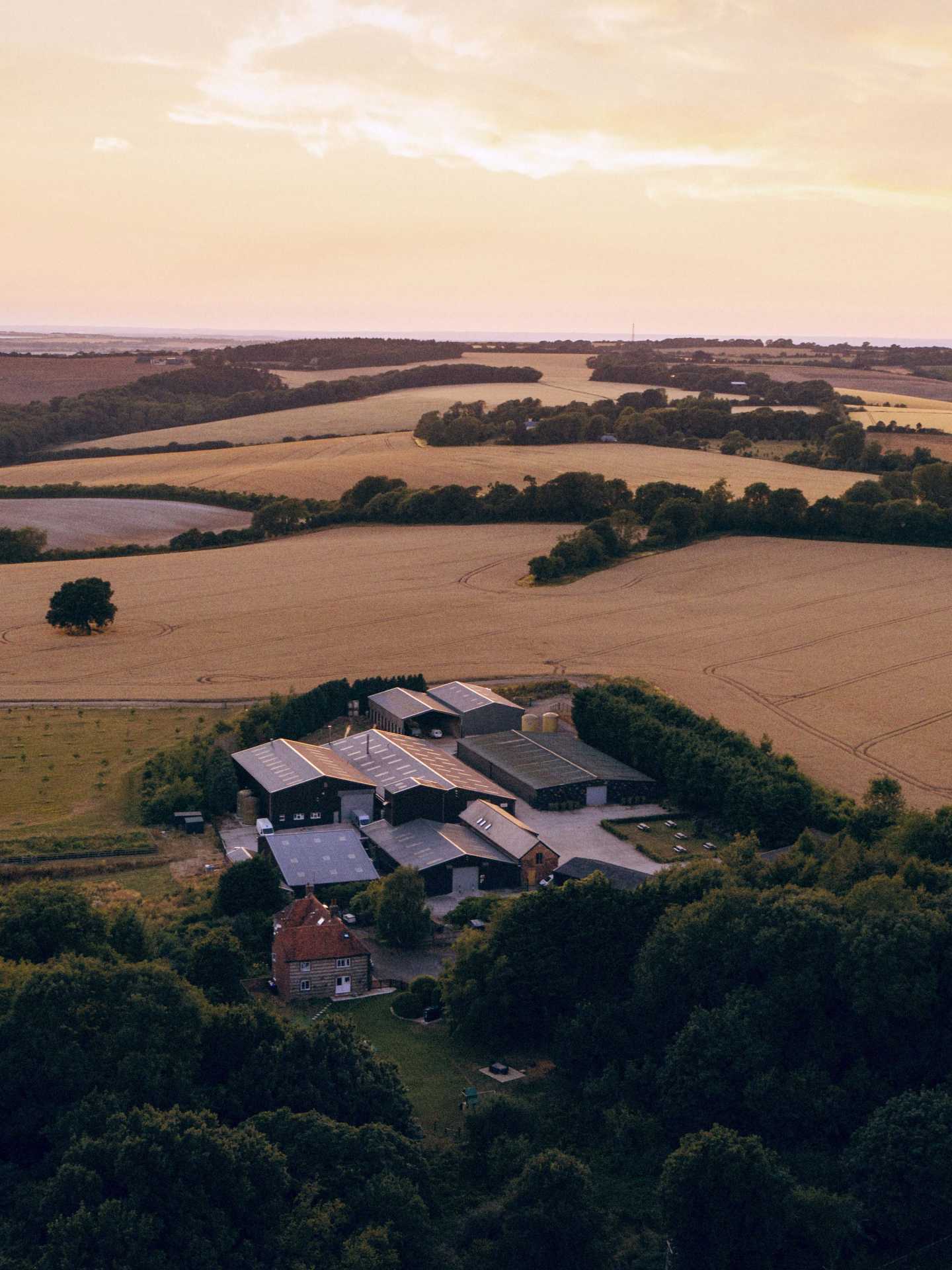 An overhead view of the landscape at Ramsbury Distillery