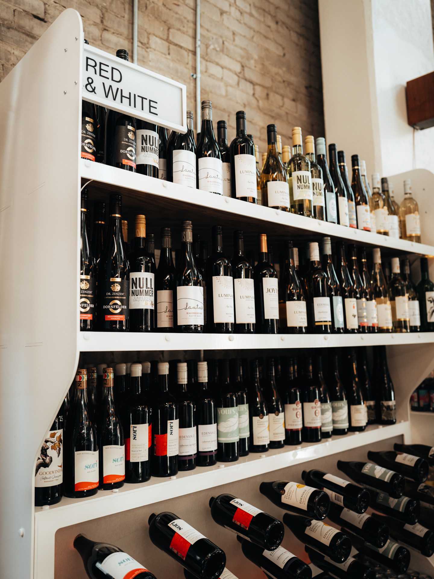 Non-alcoholic wine bottles at Sobr Market in Toronto