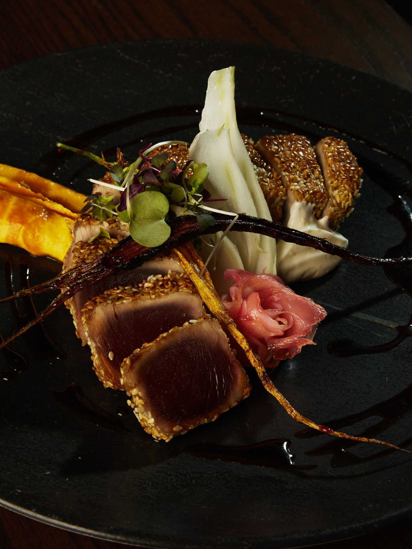 An elegant dish at Blue Bovine Steak + Sushi House