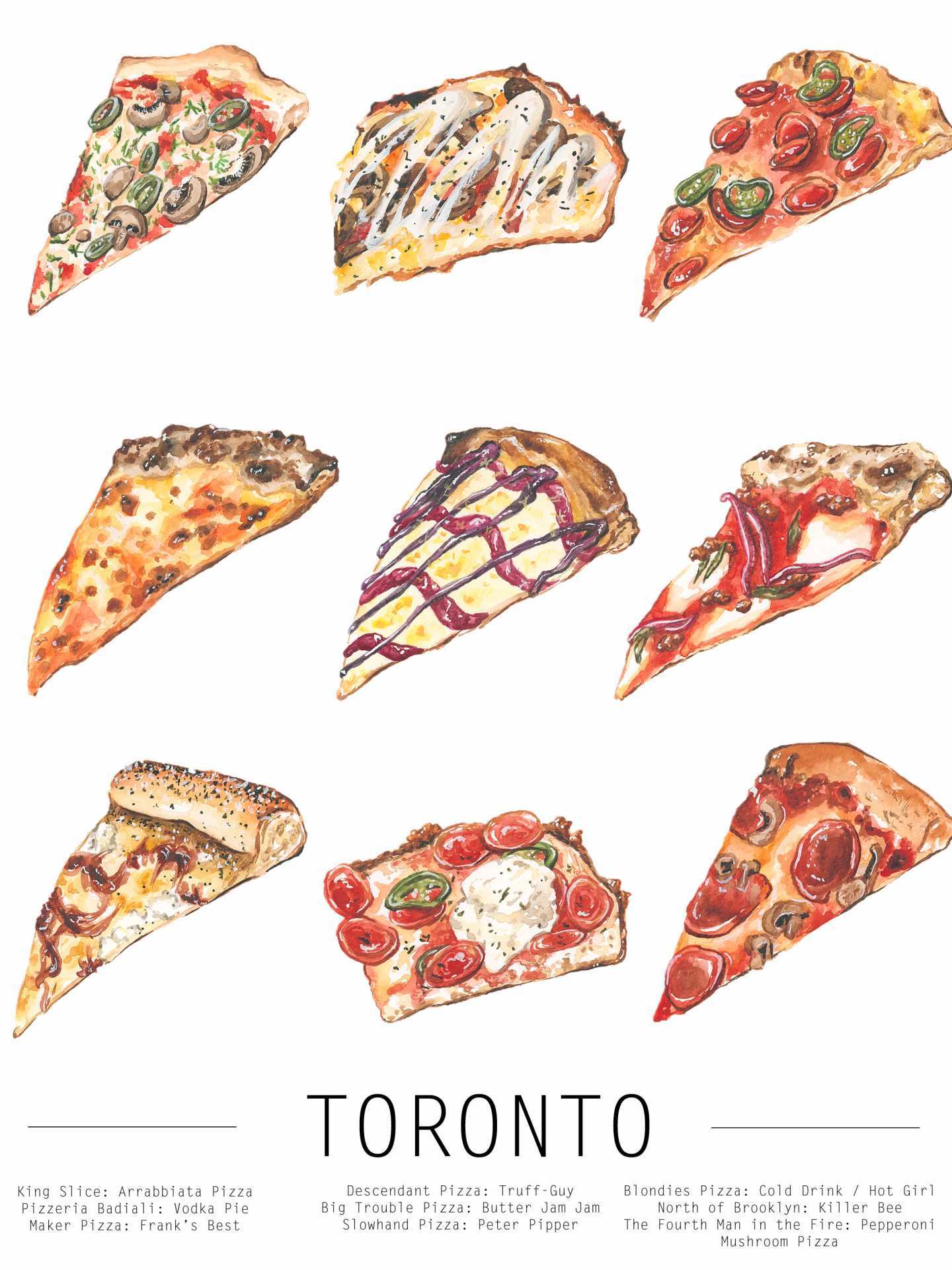 Toronto food illustrations | Pizza slices by Tanya Mu