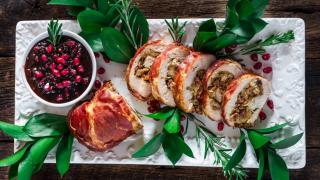 Italian holiday appetizers: Prosciutto Wrapped Turkey Roulade with Pomegranate-Port Reduction