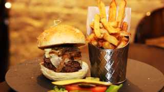 Folly Brewpub on College Street | A burger with fries at Folly Brewpub