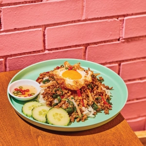 Rice with an egg and small side dishes