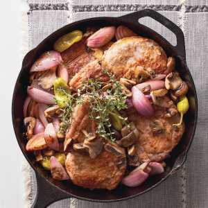 Lidia Bastianich's Pork Chops with Mushrooms and Pickled Peperoncini