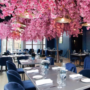 The flower-filled patio at Via Allegro with tables and chairs