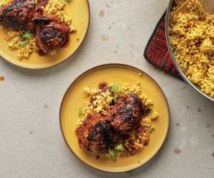 Recipe: Harissa chicken thighs with saffron Israeli couscous