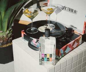 Mailroom Premium Vodka with two martinis and a record player