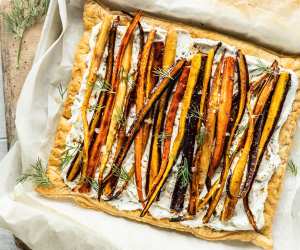 Harissa and Maple Roasted Carrot Tart with Carrot-Top Dill Cream Cheese