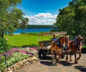Mission Point resort | A horse and carriage driver heading towards Mission Point resort on Mackinac Island